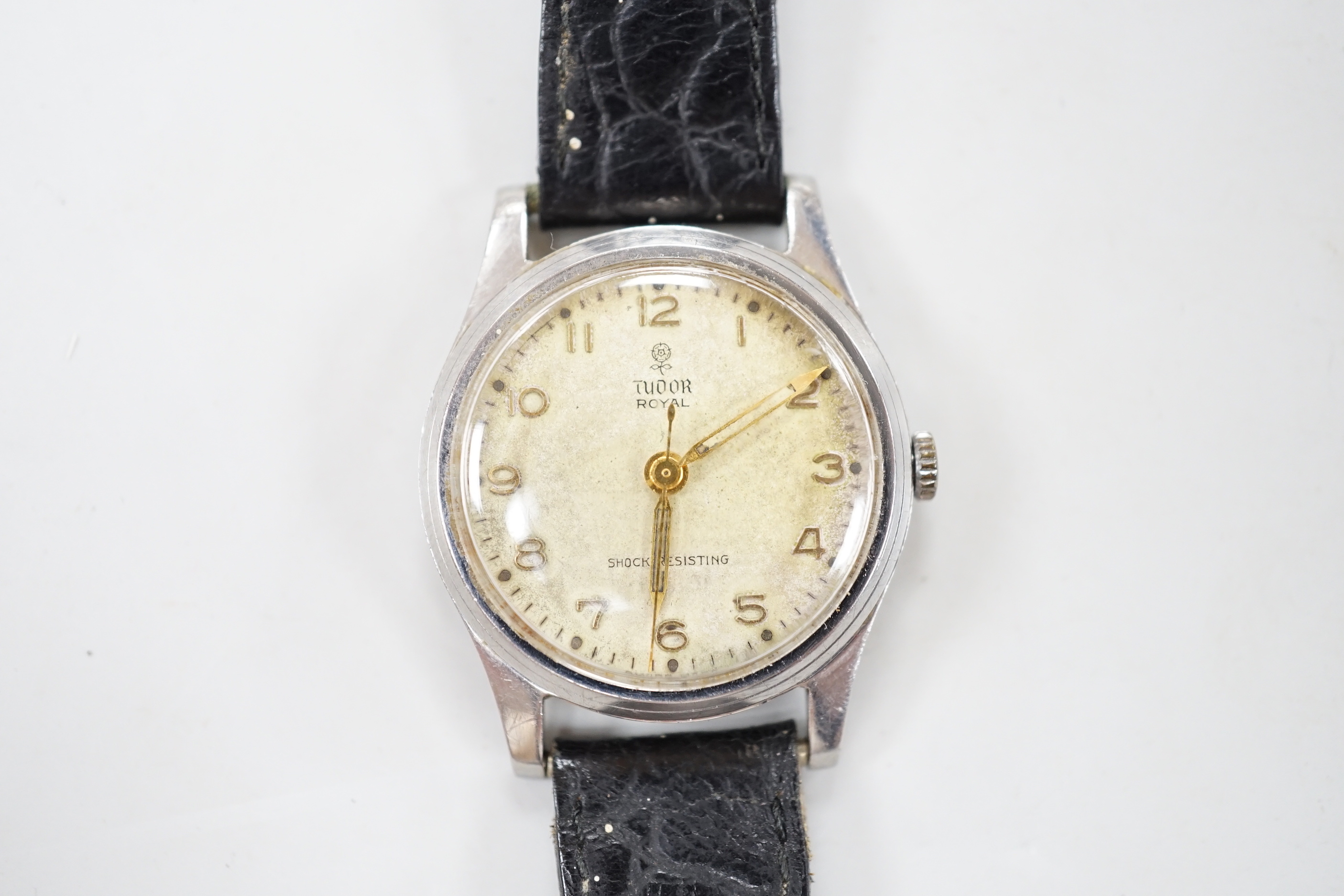 A gentleman's stainless steel Tudor Royal manual wind wrist watch, on associated leather strap, case diameter 31mm, with Tudor box